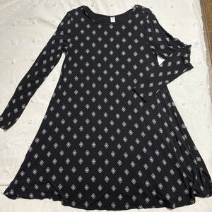 Long Sleeve Fit & Flare Dress | Size M | Black with White Diamond Pattern